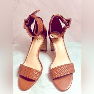 VINCE CAMUTO MAGHEN Braided Ankle Strap Open Toe Heel Sandals Brown